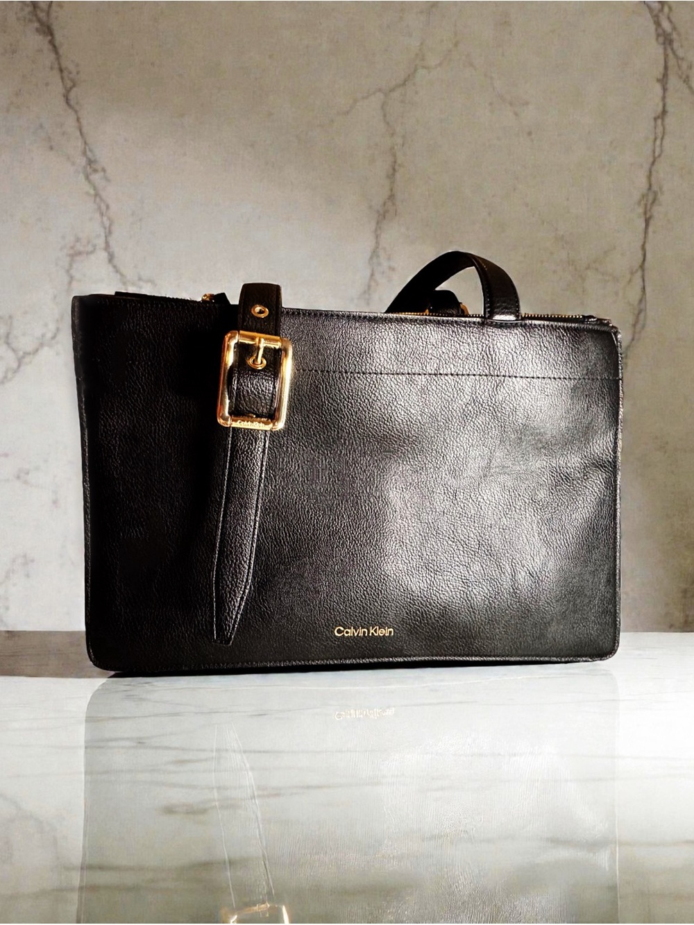 Calvin Klein Black Leather Tote Carryall Bag